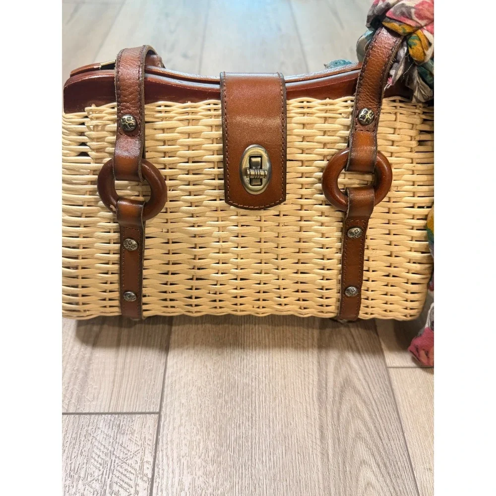 Patricia Nash Wicker Satchel Leather Trim Straw Handbag Brown Tan with Scarf